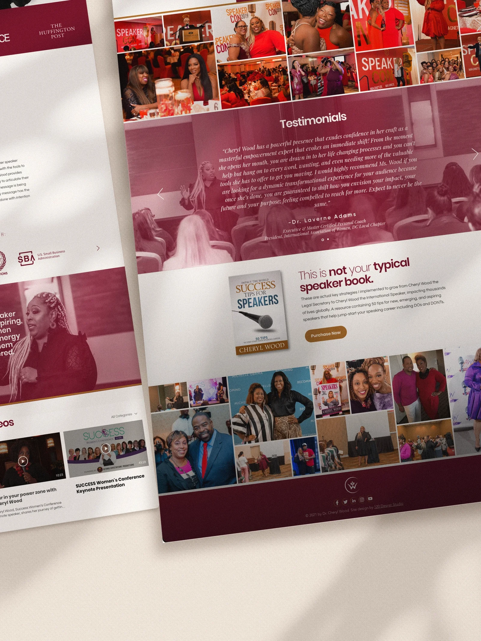 Cheryl Wood website detail showing testimonials and her book section.