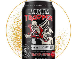 Lagunitas Trooper West Coast IPA can with Iron Maiden artwork on a black label, framed by a gold splatter circle.