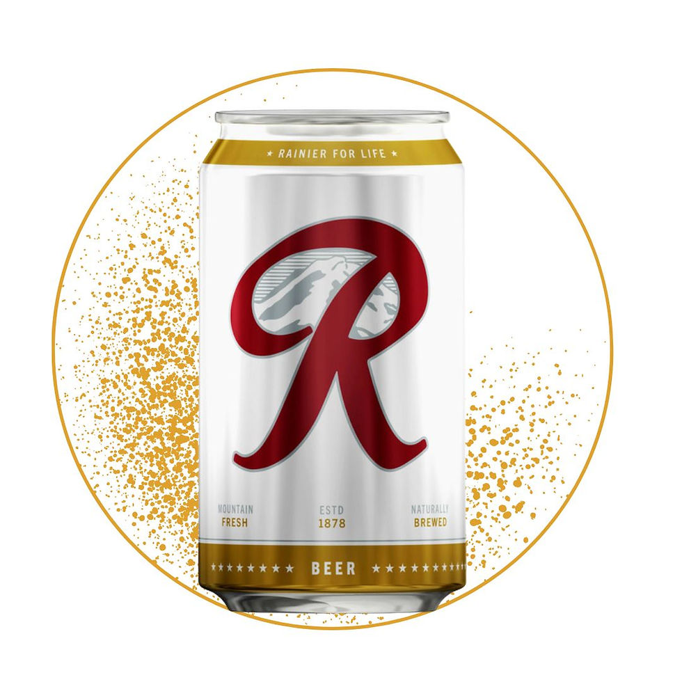 Silver Rainier beer can with red R logo and gold accents, labeled Rainier for Life, Mountain Fresh, Estd 1878, Naturally Brewed, Beer
