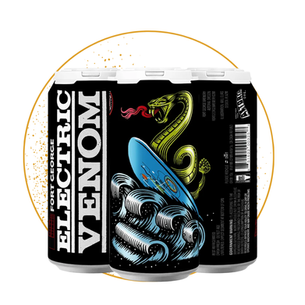 Three Fort George Electric Venom beer cans with snake artwork and orange halo on a white background