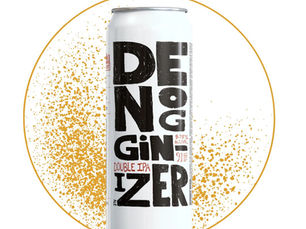 White can of Double IPA with bold black DE NOG GIN ZER text, 9.75% ALC/VOL, on a white background with orange splatter.