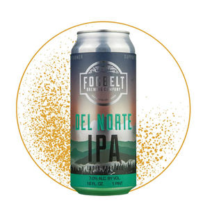 Beer can labeled Focbelt Brewing Company Del Norte IPA, 7.0% ABV, centered on white with orange speckled circle backdrop