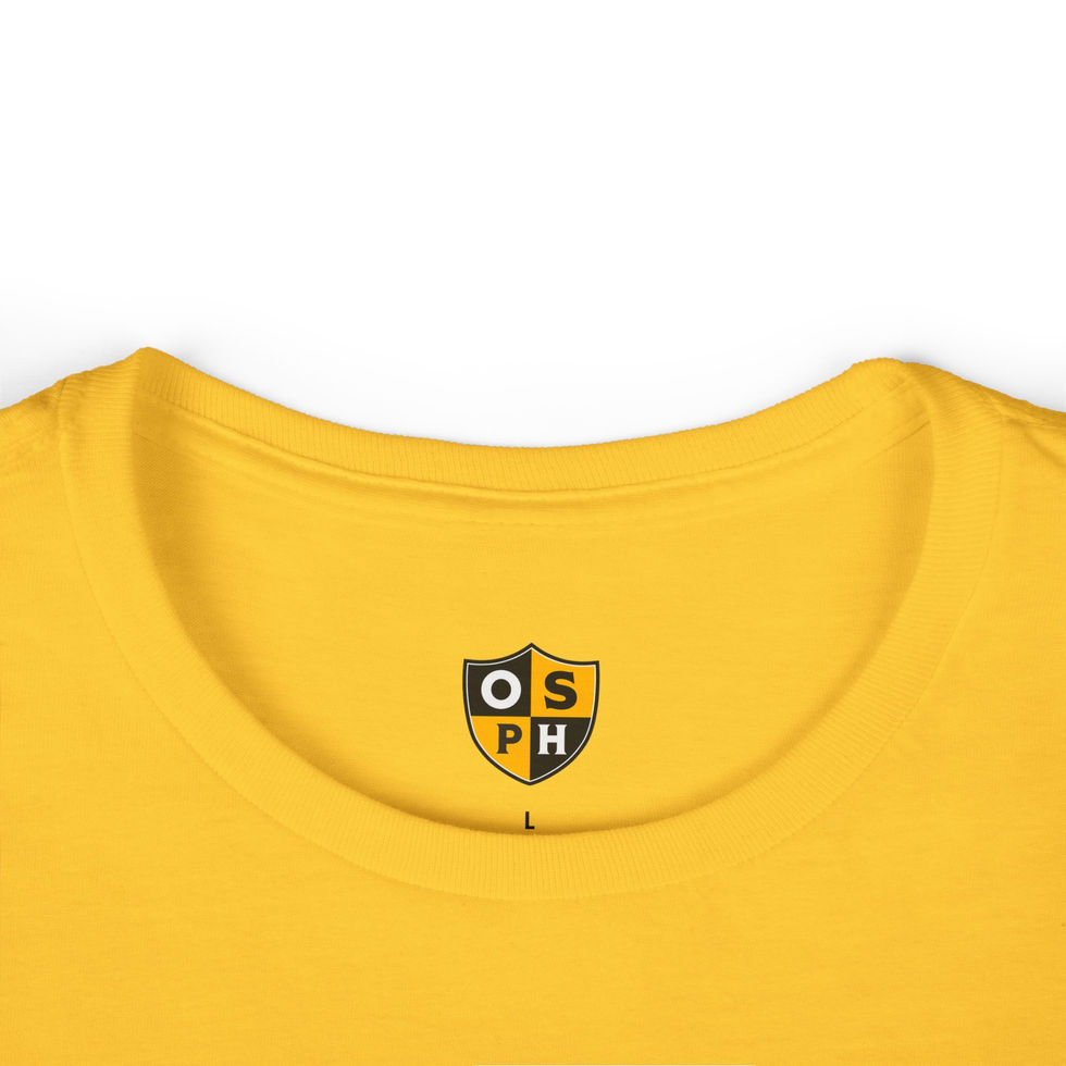 yellow tagless tshirt with logo printed where the logo should be