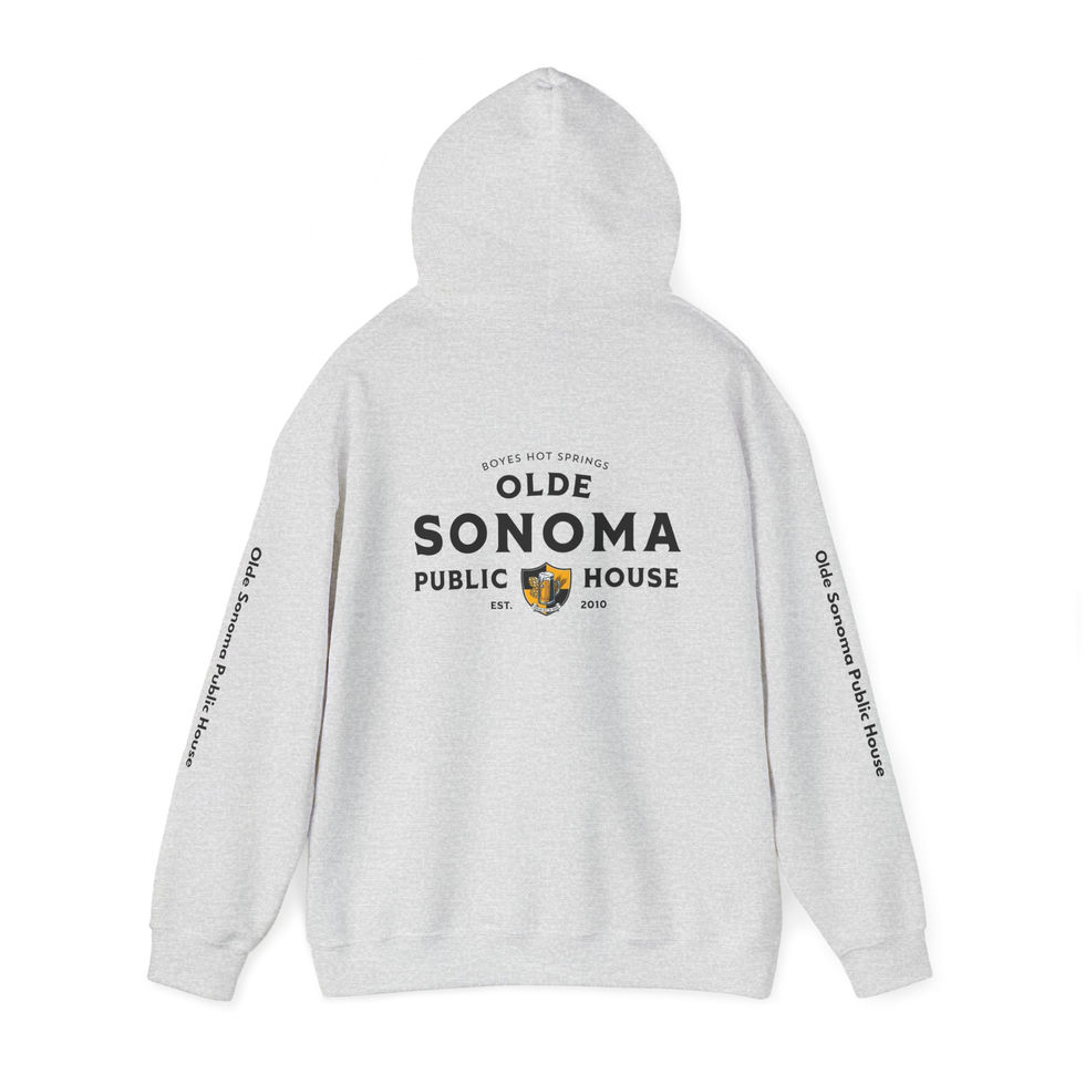 olde sonoma public house white hoodie with simplified logo