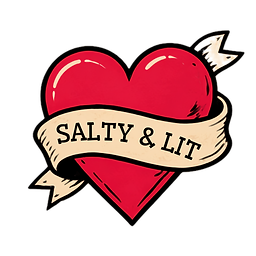 Vintage tattoo-style red heart wrapped in a cream banner reading “SALTY & LIT” in bold black lettering.
