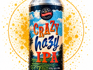 Water-beaded Napa Palisades Crazy Hazy IPA can with sky, clouds and forest art on white background, 6.8% ALC./VOL.