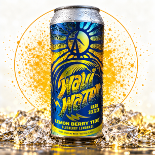Blue-and-yellow Wai Water hard seltzer can on ice, labeled Lemon Berry Tide Blueberry Lemonade, with orange splash backdrop.