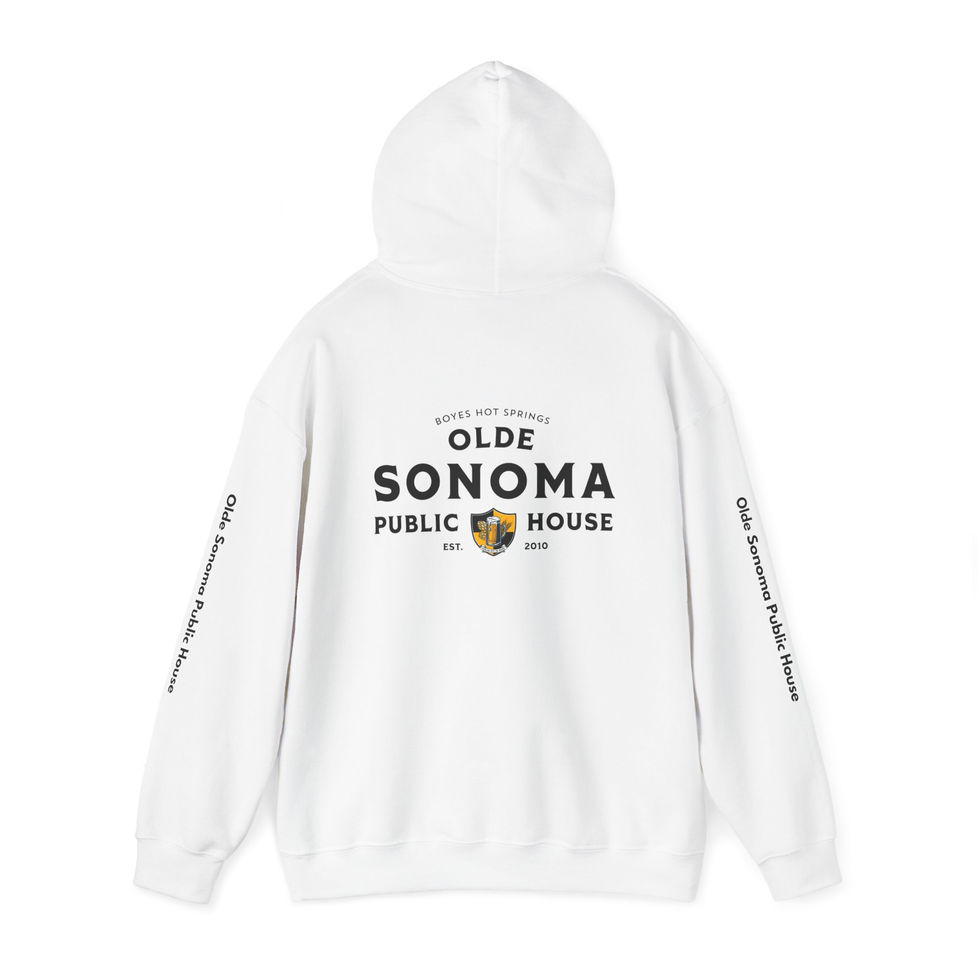 olde sonoma public house white hoodie with simplified logo
