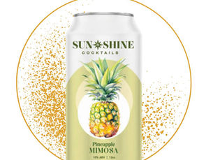 Can of Sunshine Cocktails Pineapple Mimosa with pineapple illustration on white background, surrounded by orange splatter circle.