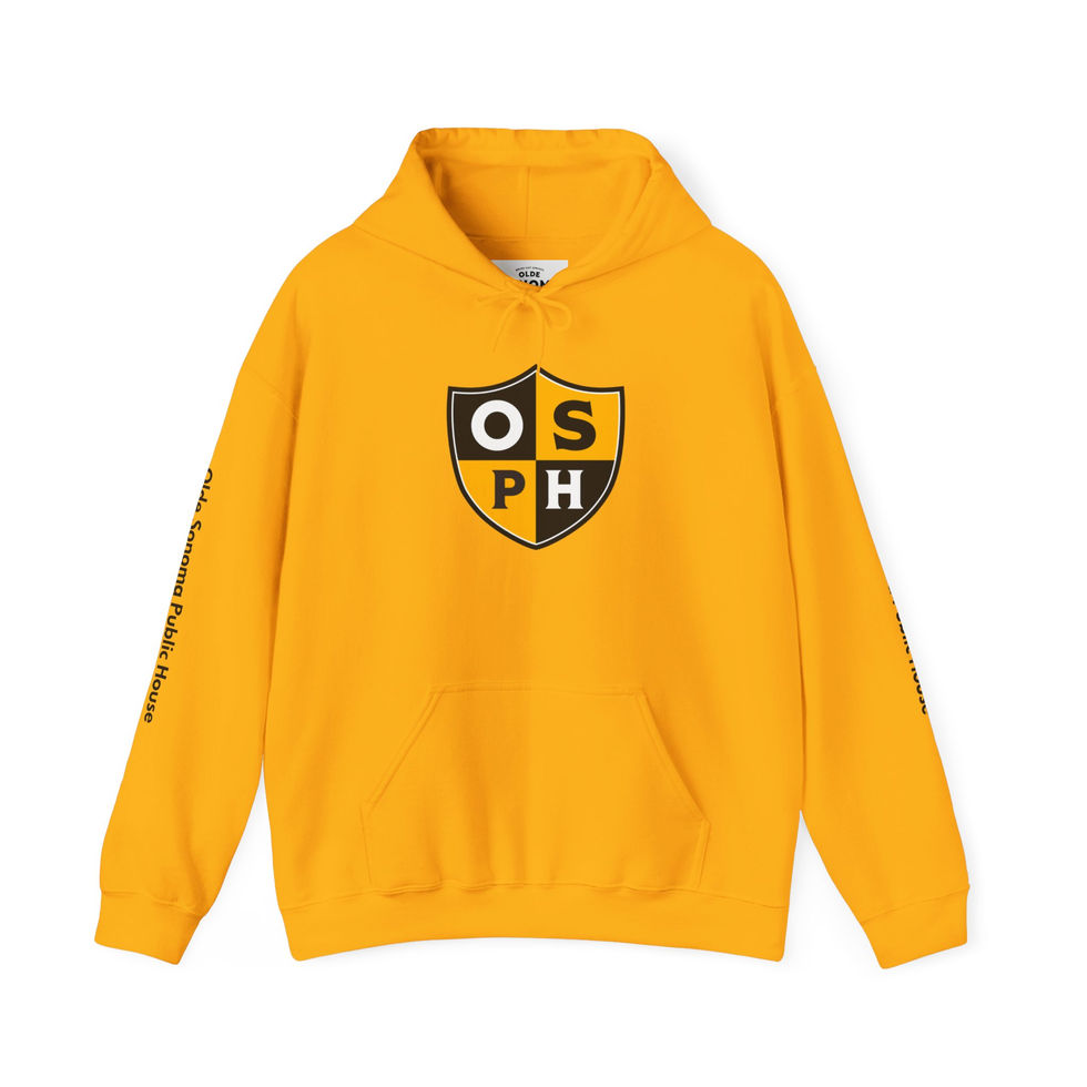 olde sonoma public house yellow hoodie with simplified logo