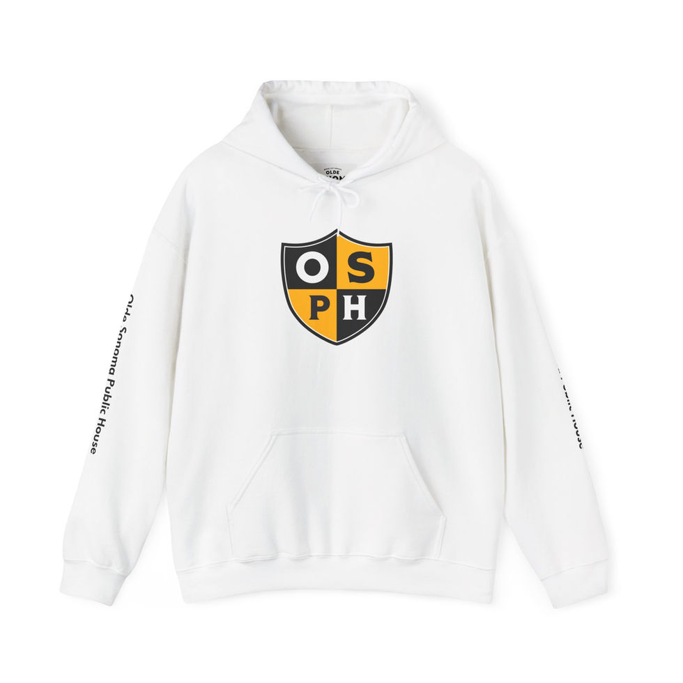 olde sonoma public house white hoodie with simplified logo