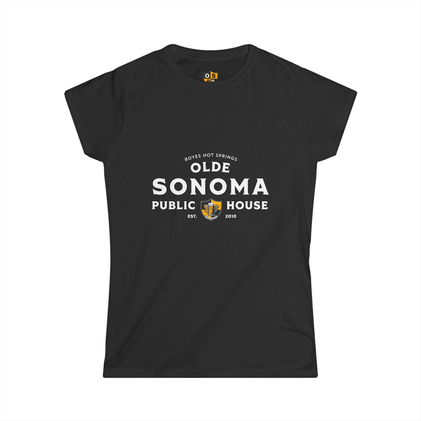 olde sonoma public house logo on black t-shirt front