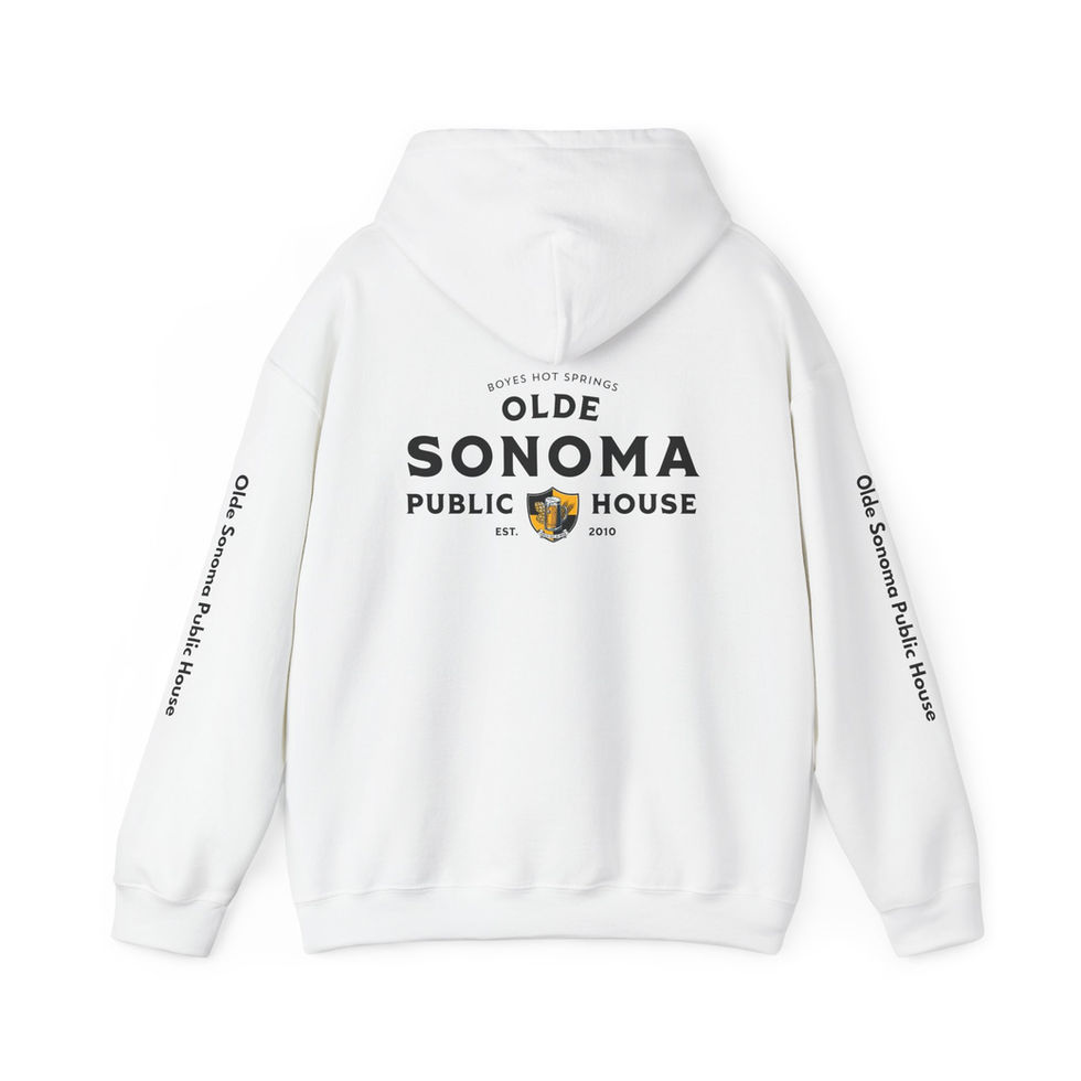 olde sonoma public house white hoodie with simplified logo
