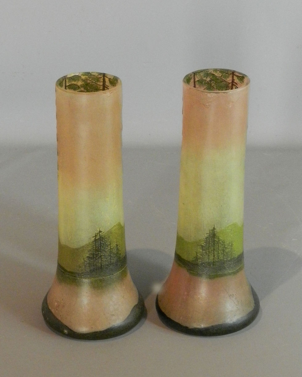 Thumbnail: Pair Legras Signed Art Nouveau Enamelled Cameo Vases c1905