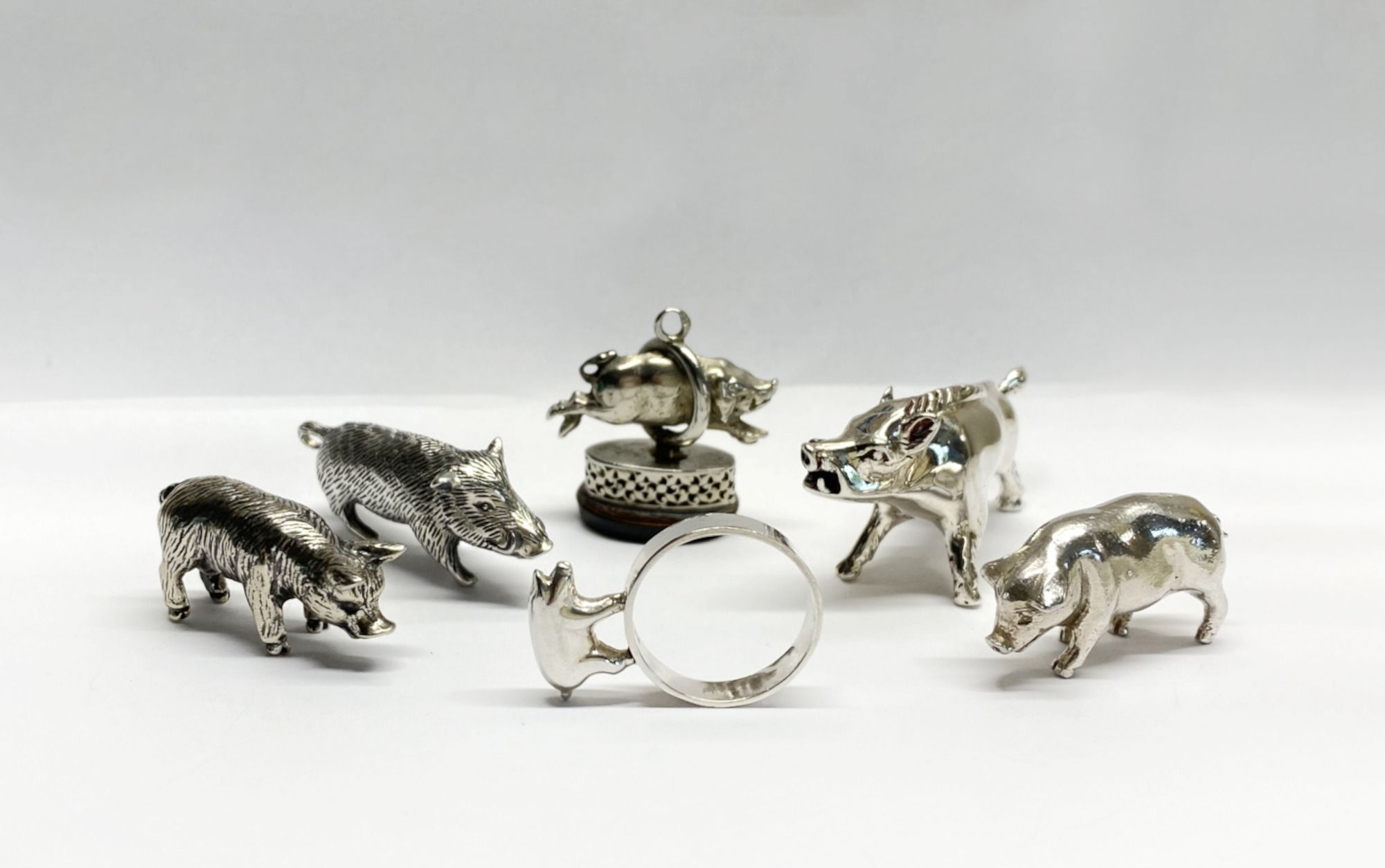 Collection of Six Miniature Silver Pigs & Wild Boar