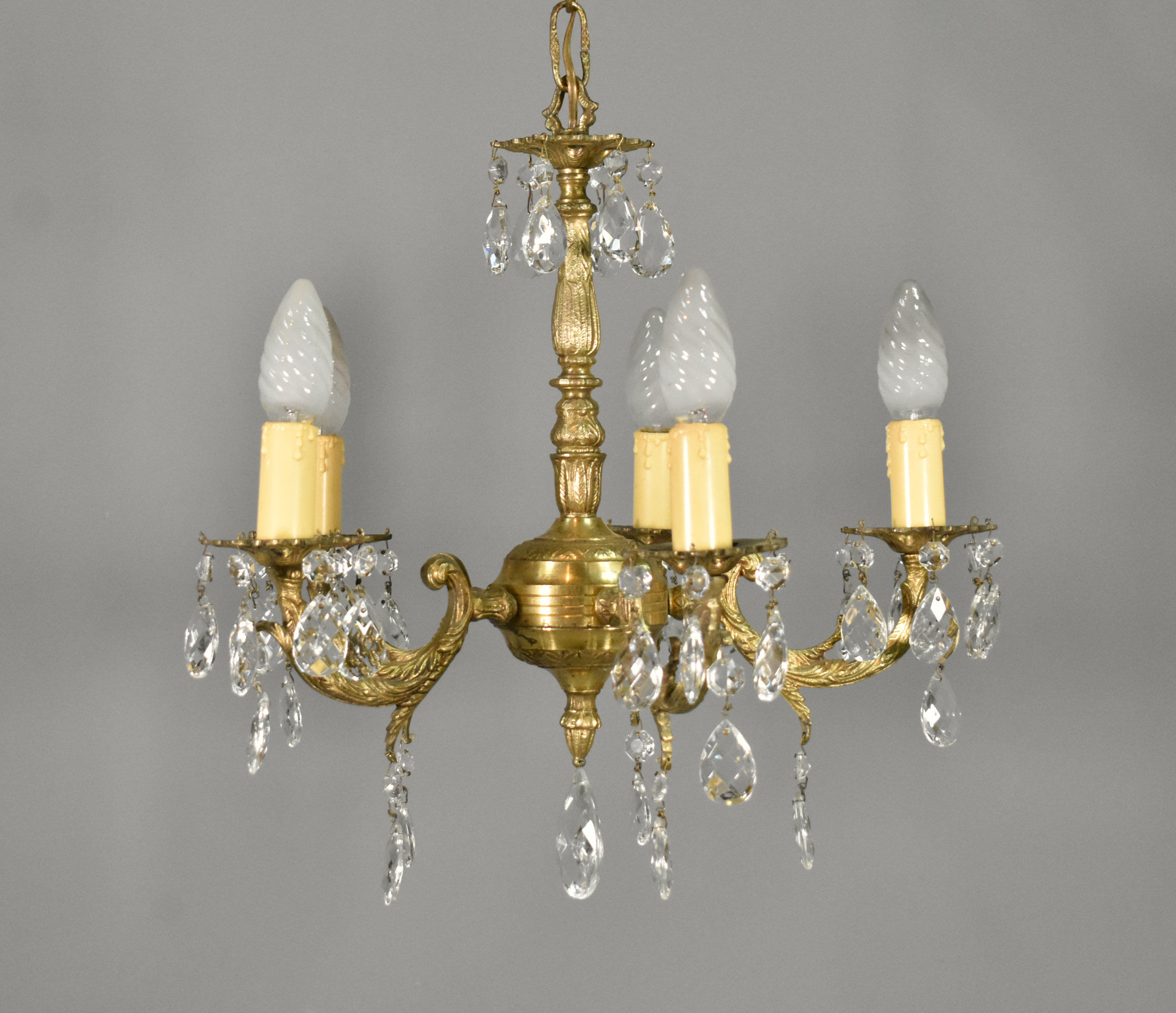 French Antique Gilt Brass & Cut Glass Chandelier