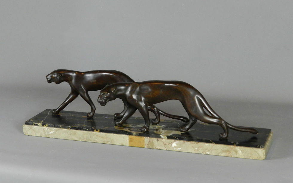 Miniature : Large French Art Deco Sculpture of a Pair of Panthers by M Font
