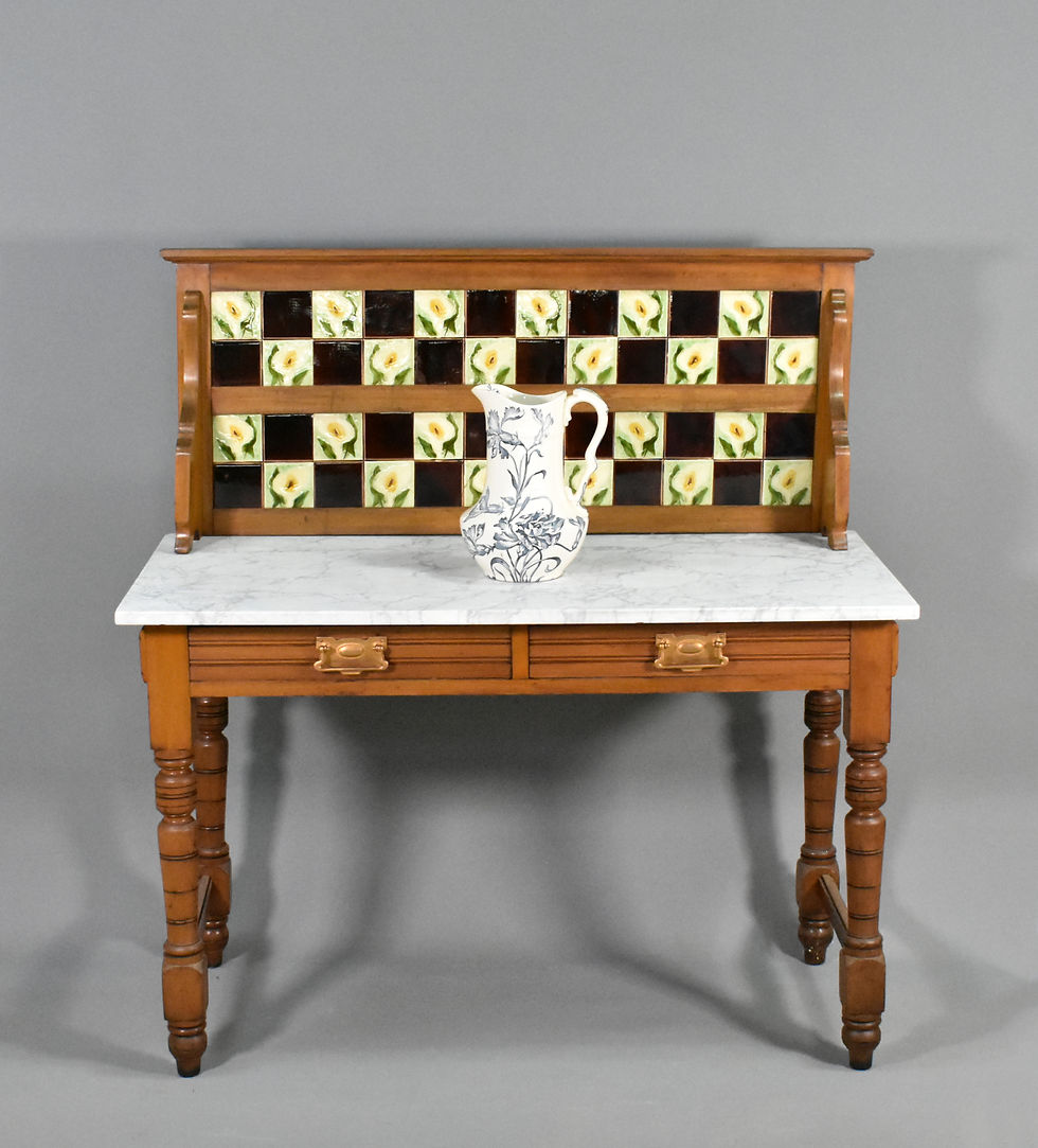 Miniature : English Edwardian Tile Back Marble Top Washstand in Birch