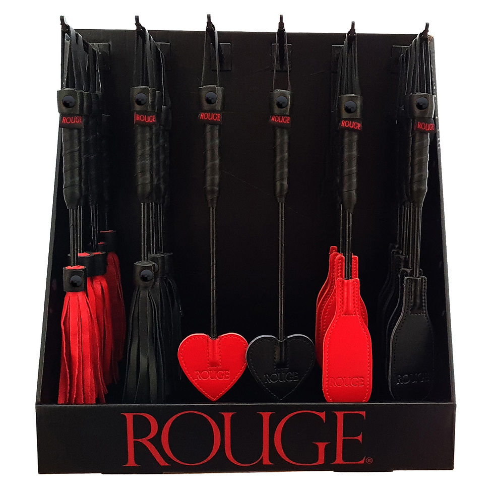 Front view Counter Display Unit with 36 mixed mini leather crops and mixed mini leather floggers in black and red.