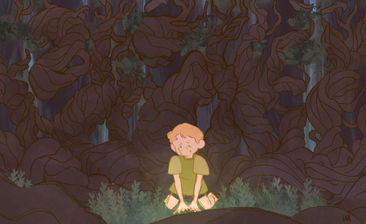 Young girl wearing green dress trapped in dark forest