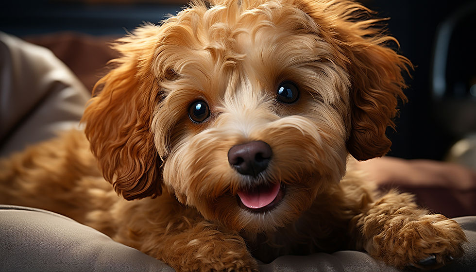 Close-up of a Doodle puppy lying down and looking at the camera, showcasing the friendly and caring environment at Mill Pond