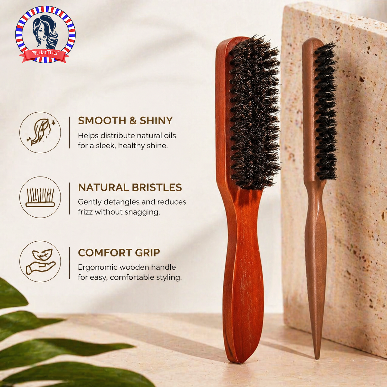 1/2Pcs Wooden Handle Bristle Hair Brush Set , Frizz-Reducing Scalp Massage Comb