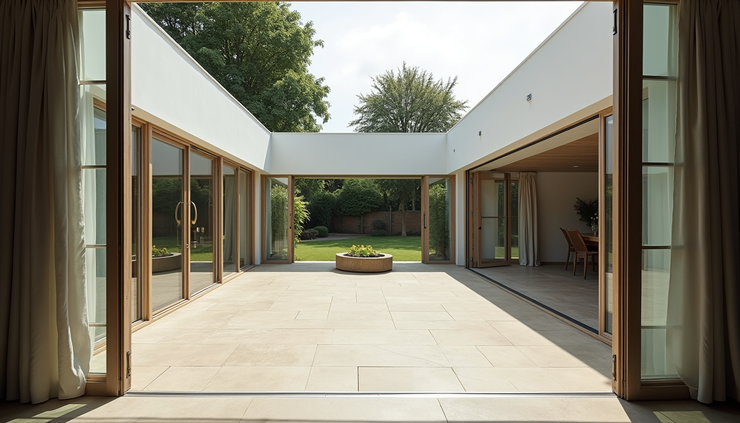 Eye-level view of a spacious wraparound extension with multiple windows and garden access