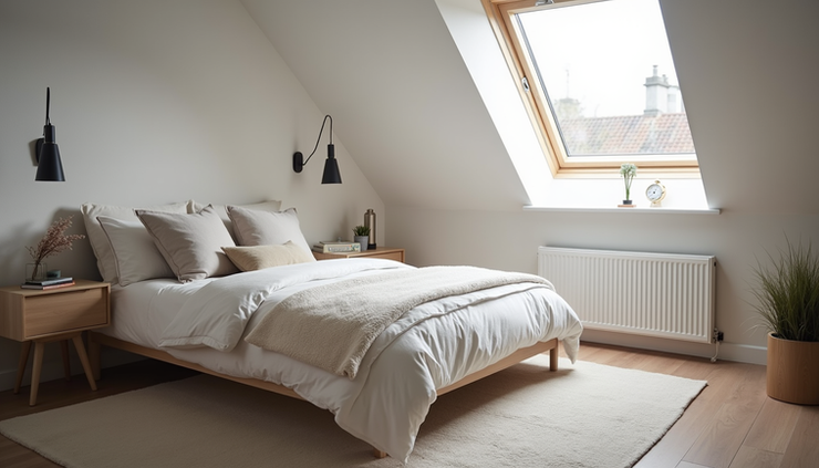 Close-up view of a finished loft conversion bedroom with skylight and modern decor