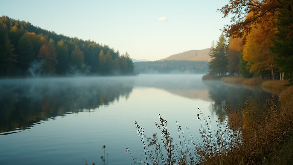 Eye-level view of a serene nature scene with a calm lake