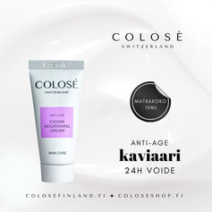 Colosé ylellinen Kaviaari kasvovoide sopii ihotyypeille. Täyteläinen koostumus tasapainottaa ihon kosteuspitoisuuden ja antaa samettisen pehmeän tunteen. Iho näyttää tasaiselta ja kiinteältä. Kaviaarivoiteen hienostunut tuoksu täydentää täydellisen hoitokokemuksen.