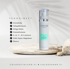 Colosé detox kasvoseerumi on samean ja epäpuhtauksiin taipuvaisen ihon tehotuote. Kirkastaa, tasoittaa ihon sävyä
ja vähentämään epäpuhtauksia sekä pienentämään laajentuneita ihohuokosia.
Kasvoseerumi hillitsee ihon rasvoittuvuutta ja auttaa pitämään ihohuokoset puhtaina samalla rauhoittaen, kirkastaen ja siloittaen ihoa.