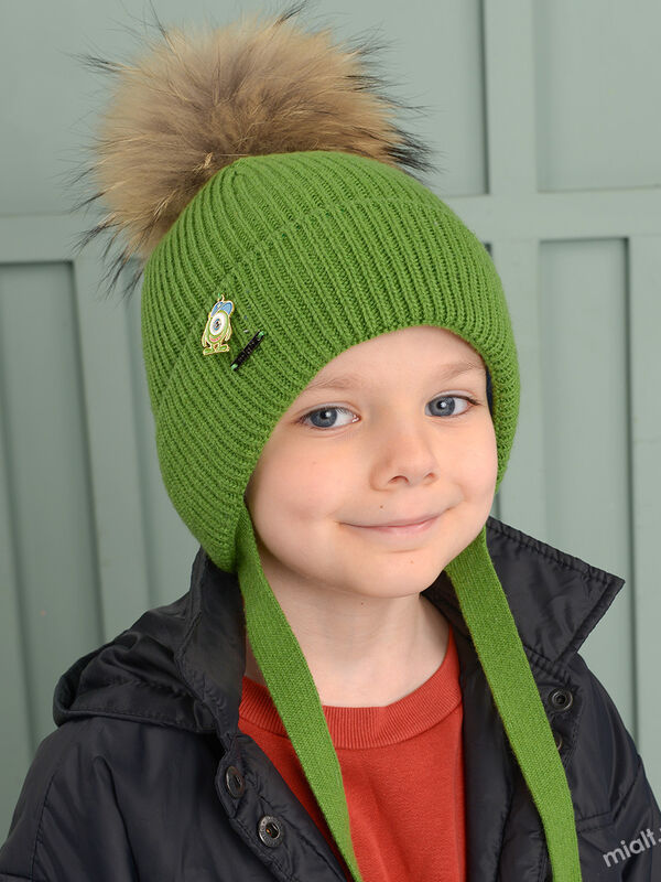 Green Two Ties  Boys Knit Hat w Nat Pom Pom