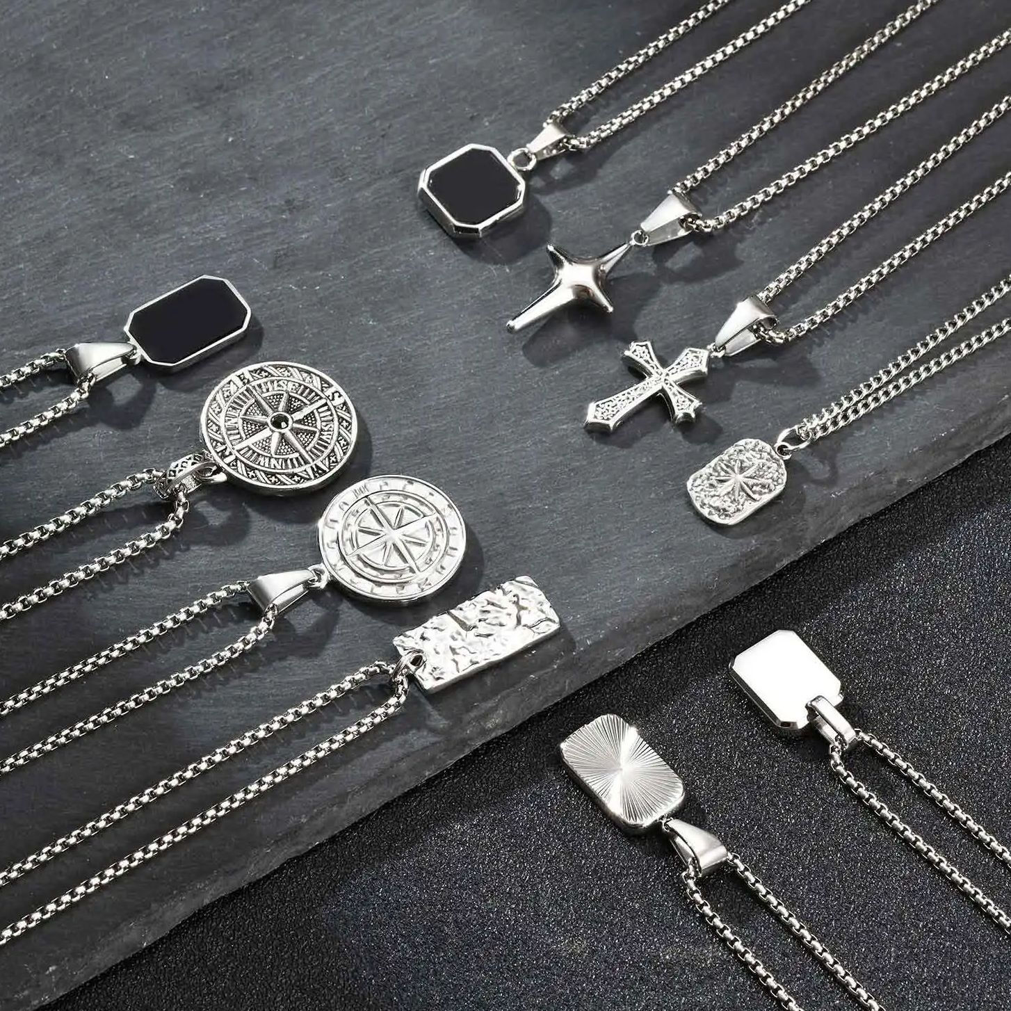 Men's Silver Color Geometric Pendant Necklace, Non Fading Stainless Steel Compas