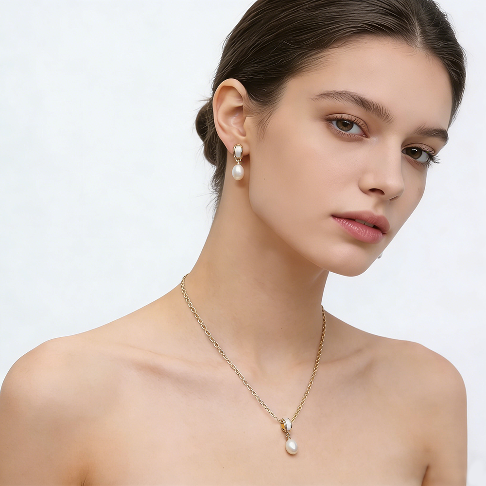 Real Natural Freshwater Pearl Necklace Earrings Set,925 Silver Set of Earrings W