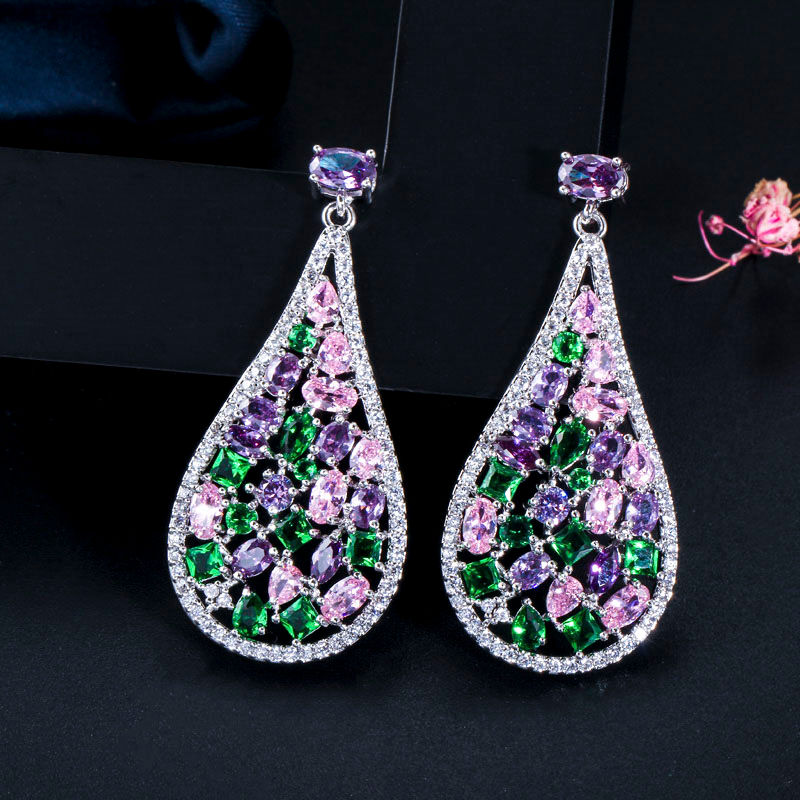 Multi Shape Colorful Cubic Zirconia Stone Round Drop Dangle Earrings for Women L