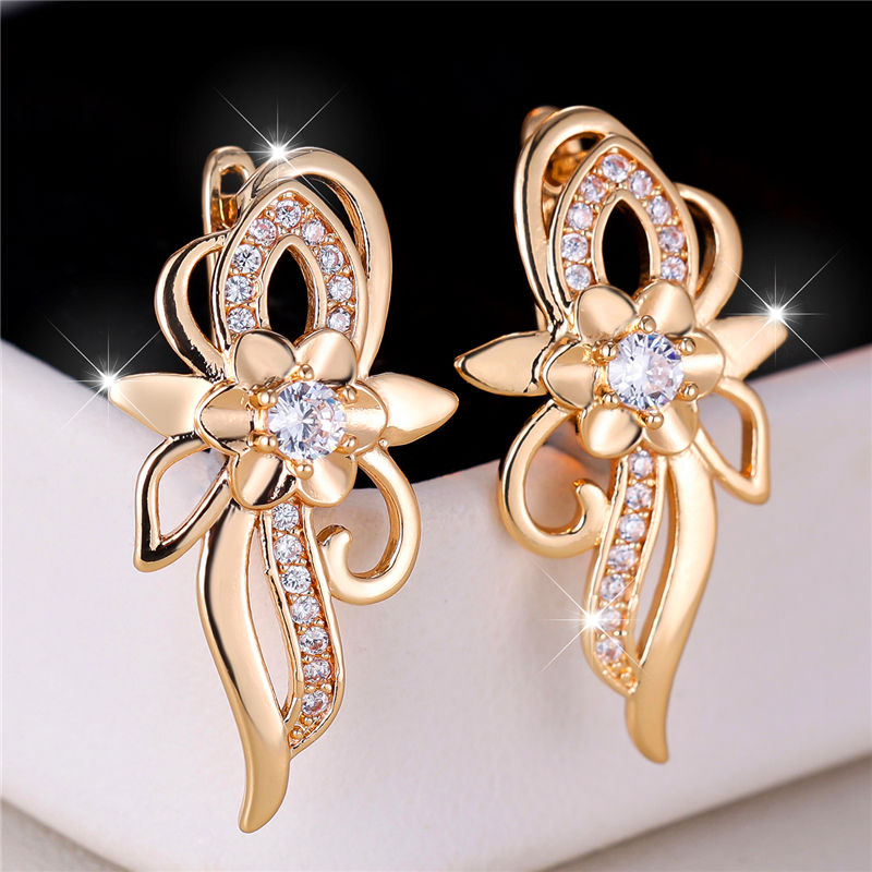 Cute White Zircon Stone Flower Hoop Earrings For Women Charm Female Gold Color W