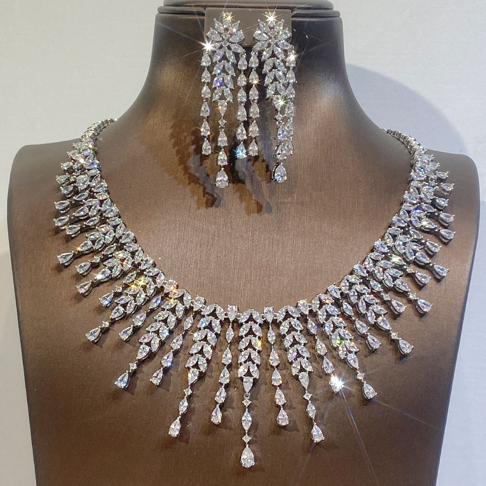 New CZ Design African Bridal Jewelry Set Fashion Leaf Shape Fringe Zircon Neckla