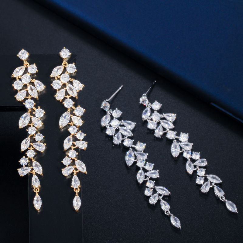 Thumbnail: Newest CZ Zirconia Crystal Leaf Long Drop Dangle Earrings for Women Bridal Weddi