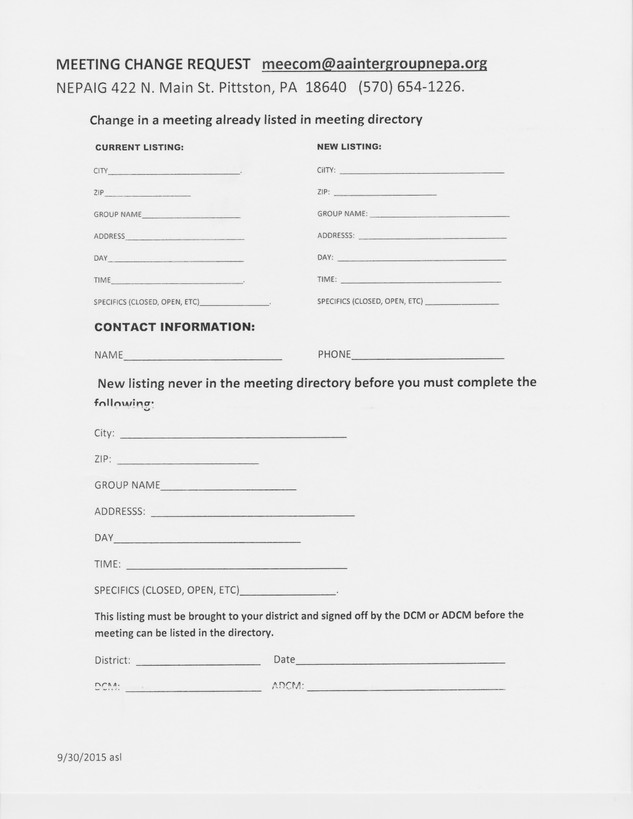 Meeting Change Form