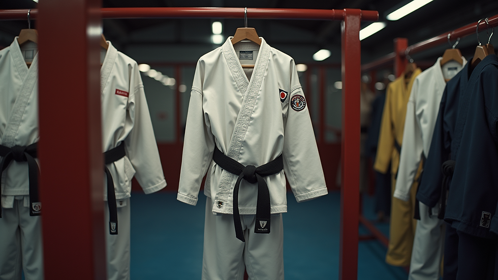 Eye-level view of a stylish martial arts uniform displayed on a rack