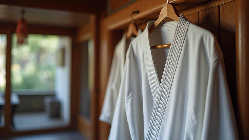 Eye-level view of a traditional karate gi displayed on a wooden rack