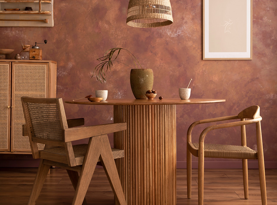 stylish-boho-vintage-dining-room-interior-with-poster-mock-up-round-table-with-rattan-armc