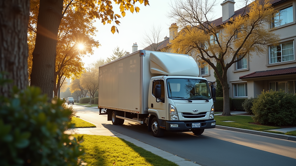High angle view of a moving truck parked outside a residential building
