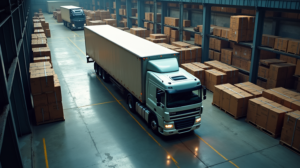 high angle view of a freight truck being loaded in a warehouse