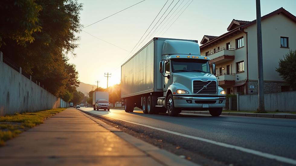 Eye-level view of a moving truck parked in front of a residential building in Blumenau