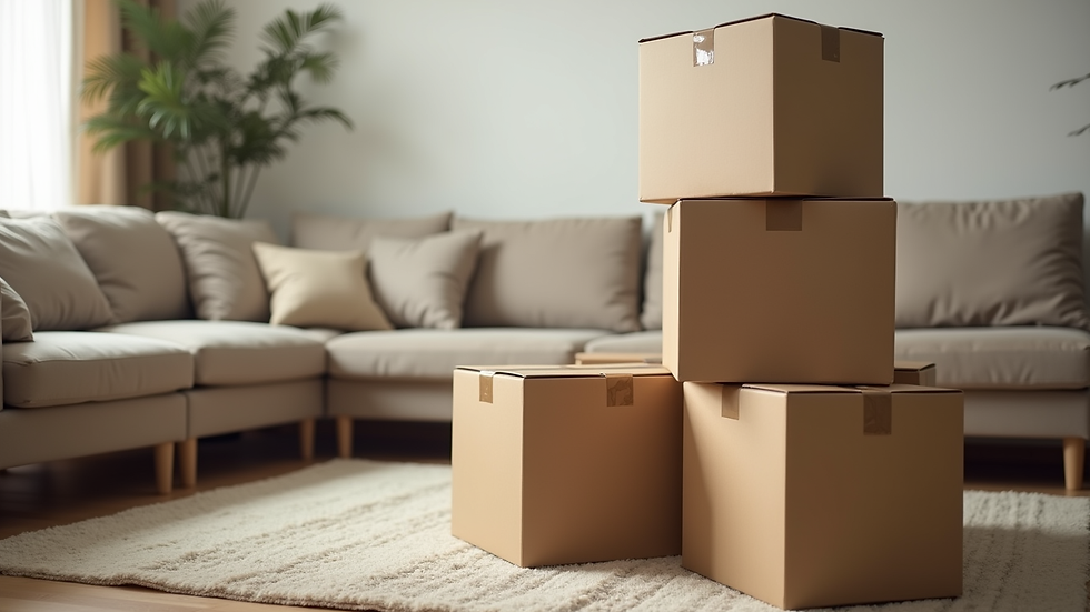 Close-up view of packed moving boxes stacked neatly in a living room