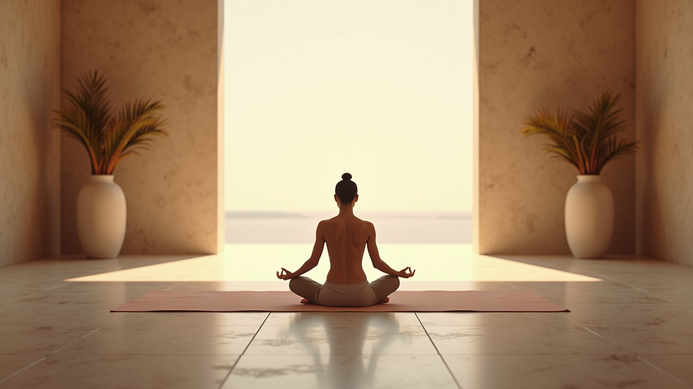 Eye-level view of a tranquil meditation space with soft lighting