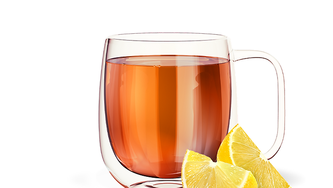 Hot Herbalife lemon tea with ginger and a slice of lemon