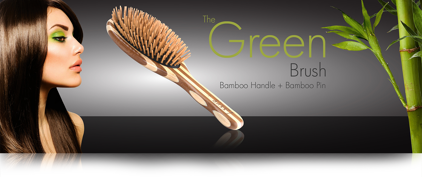 The Green Brush by Bass Brushes with 100% natural bamboo pins and handle for detangling, styling, and Gua Sha scalp care.
