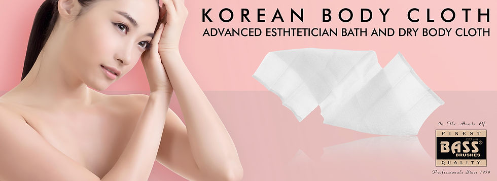 A woman poses with hands near her face against a pink background. Text: "Korean Body Cloth". White cloths displayed. Mood: serene. By Bass Body